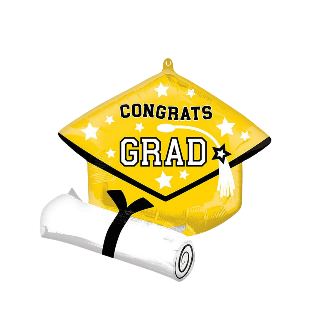 Yellow graduation balloon shaped like a cap with stars for graduation from Parte Haus party supply store in Bethesda Maryland