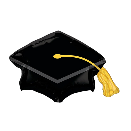 Black and gold graduation cap balloon for graduation decor from Parte Haus party supply store in Bethesda MD