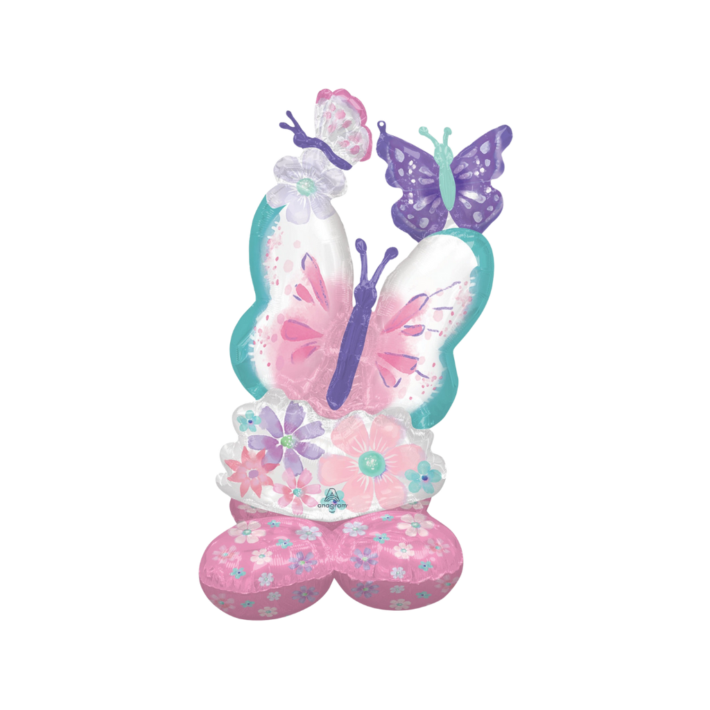 Pink and purple butterfly foil balloon with floral design birthday decoration from Parte Haus party supply store in Bethesda MD