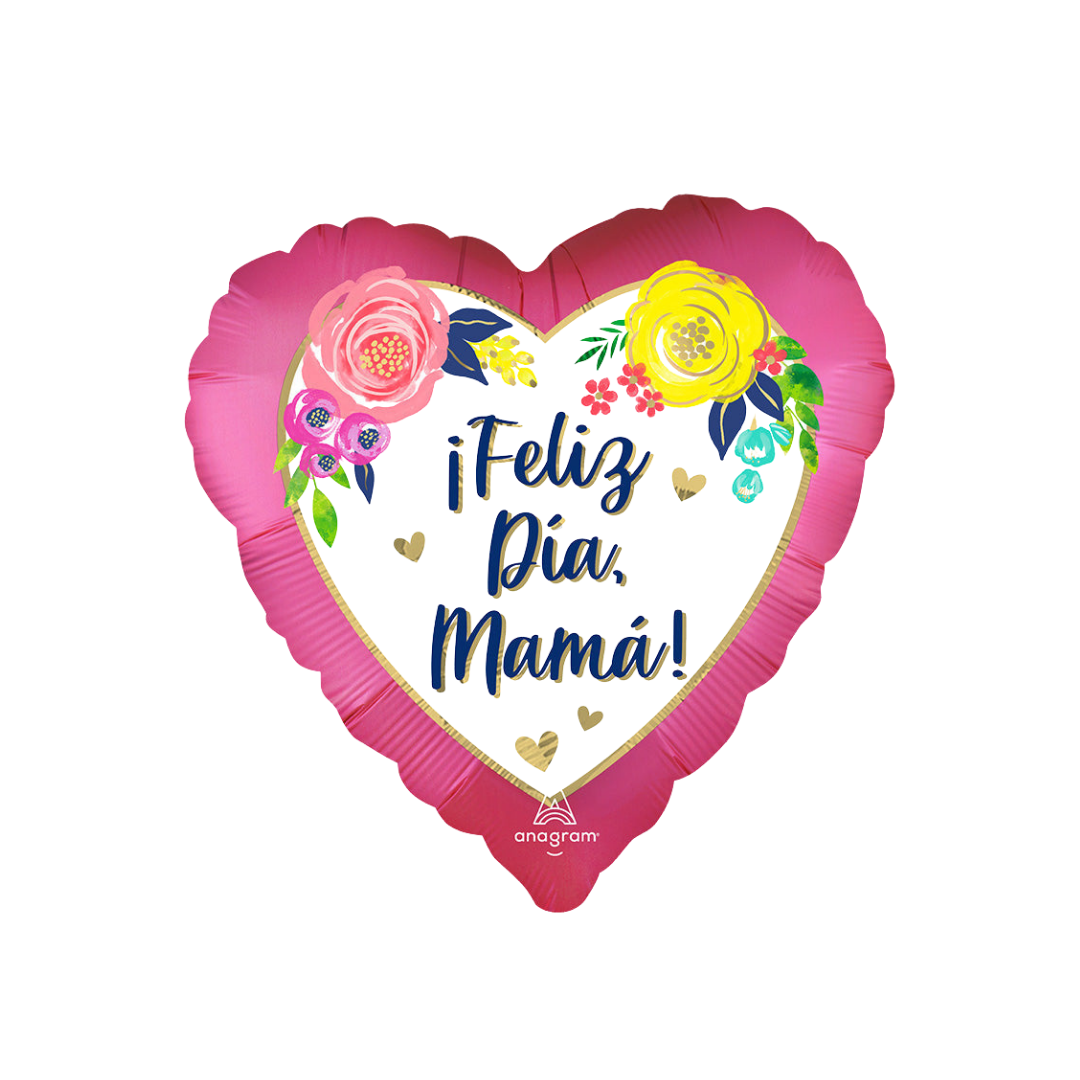 Pink heart balloon with floral accents and Feliz Dia Mama text for Mother's Day from Parte Haus party supply store in Bethesda MD