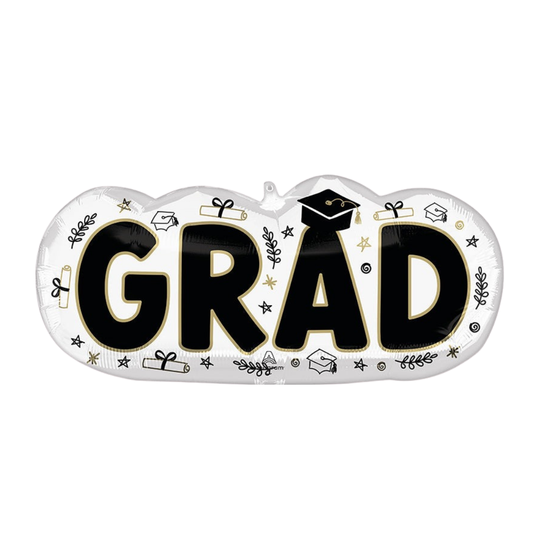 Black and white graduation balloon with grad cap for graduation from Parte Haus party supply store in Bethesda, Maryland
