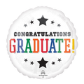 White congratulations graduate balloon with black and colorful text for graduation from Parte Haus party supply store in Bethesda MD