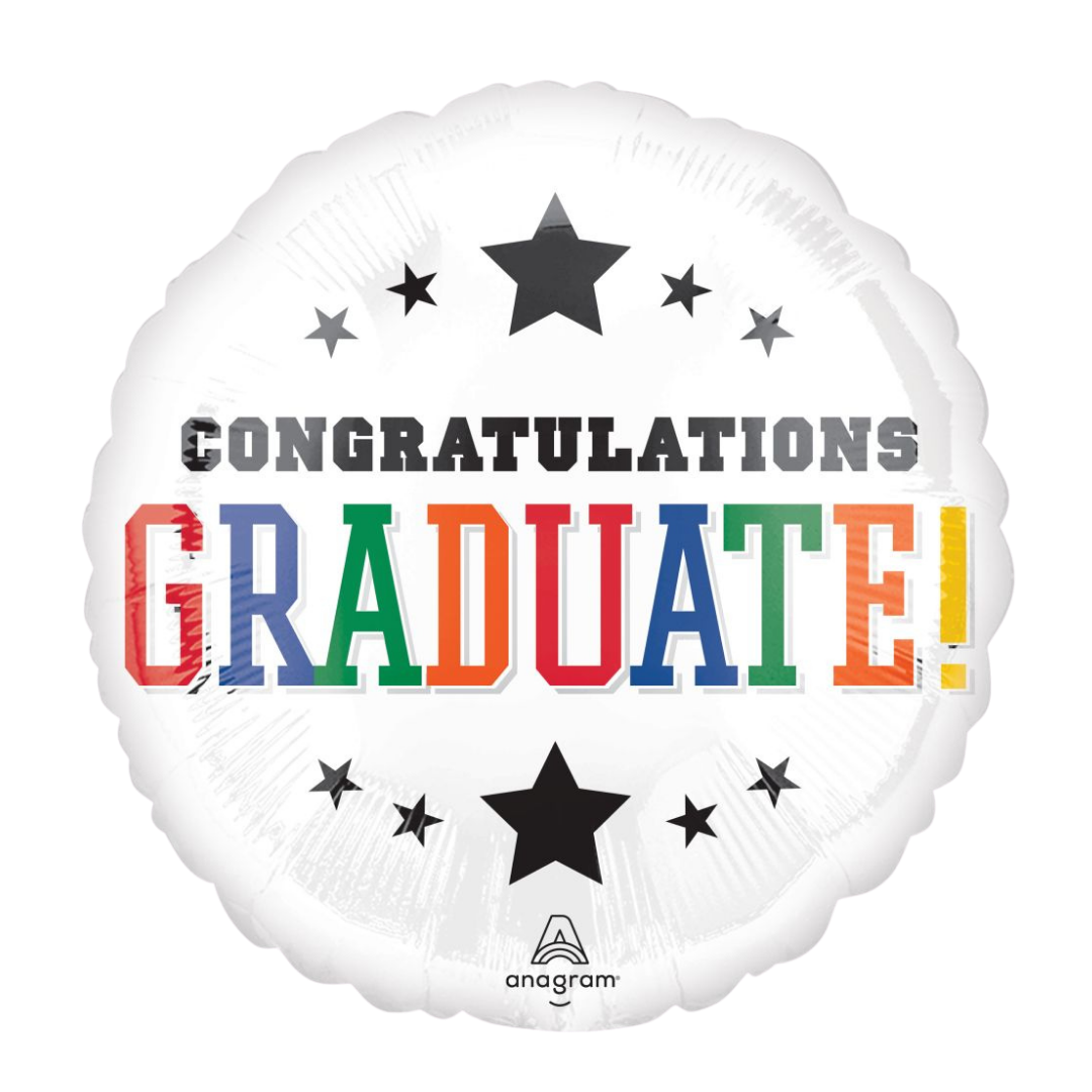 White congratulations graduate balloon with black and colorful text for graduation from Parte Haus party supply store in Bethesda MD