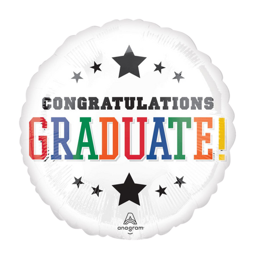 White congratulations graduate balloon with black and colorful text for graduation from Parte Haus party supply store in Bethesda MD
