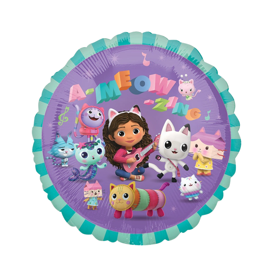 Purple Gabby's Dollhouse balloon featuring cartoon girl and cats birthday theme from Parte Haus party supply store in Bethesda MD