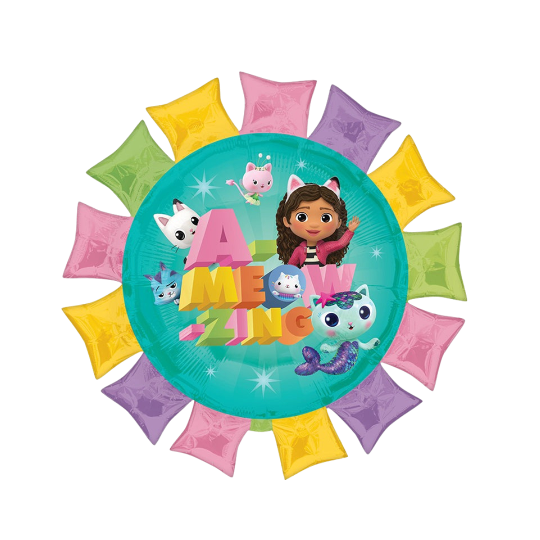 Multicolor Gabby's Dollhouse round foil balloon with cartoon cats for birthday from Parte Haus party supply store in Bethesda Maryland