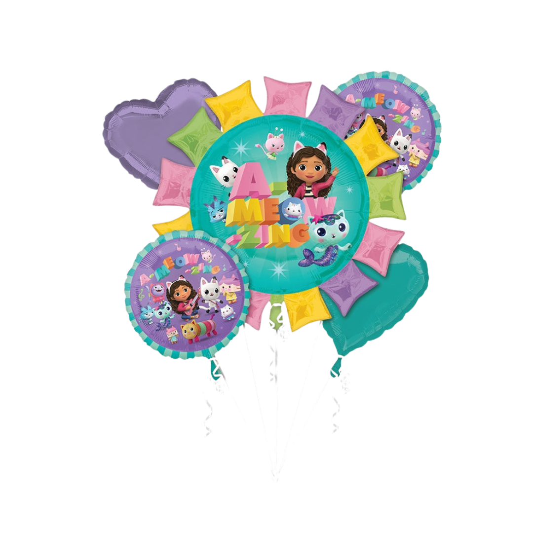 Colorful Gabby's Dollhouse foil balloon bouquet with cartoon cats birthday theme from Parte Haus party supply store in Bethesda MD