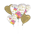Gold and white heart shaped Love You Mom balloon bouquet with floral and butterfly design for Mother's Day from Parte Haus party supply store in Bethesda Maryland
