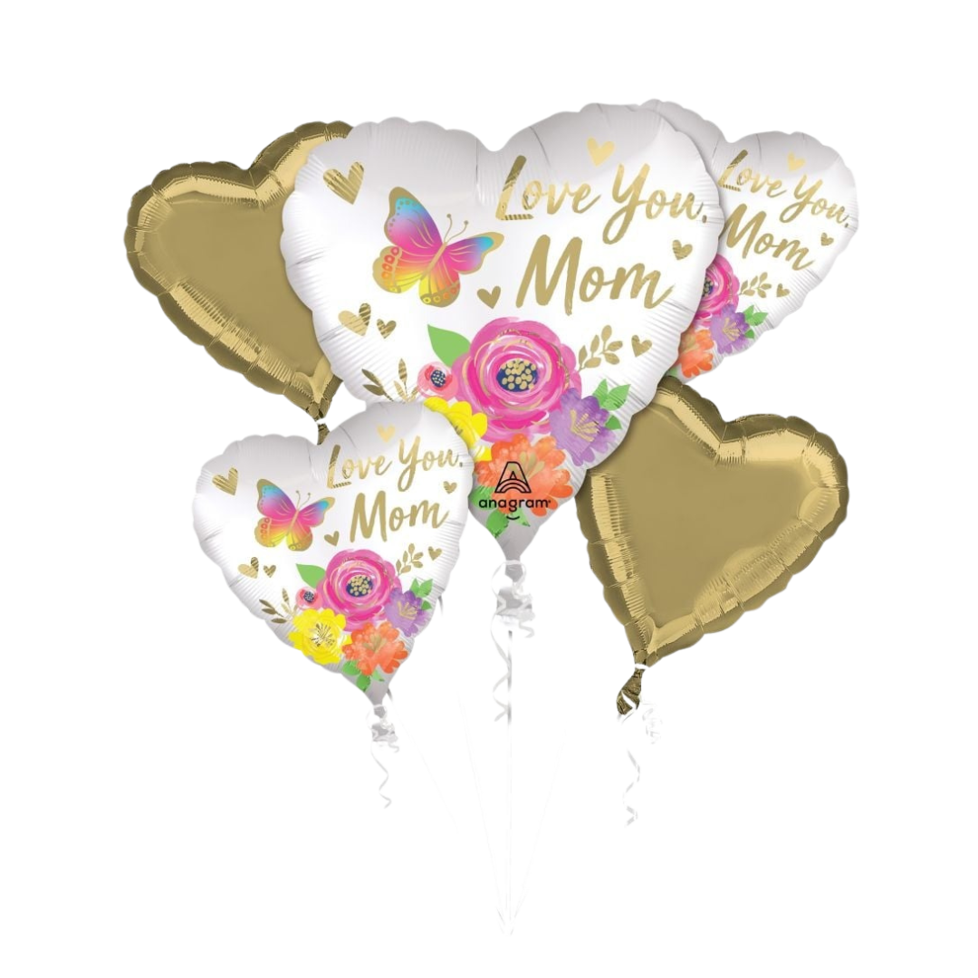 Gold and white heart shaped Love You Mom balloon bouquet with floral and butterfly design for Mother's Day from Parte Haus party supply store in Bethesda Maryland