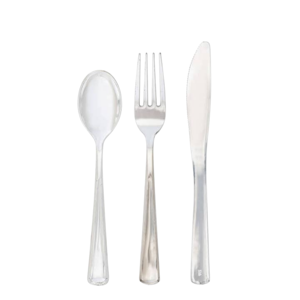Clear plastic cutlery set with spoon fork and knife for events from Parte Haus party supply store in Bethesda MD