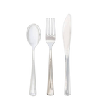 Clear plastic cutlery set with spoon fork and knife for events from Parte Haus party supply store in Bethesda MD