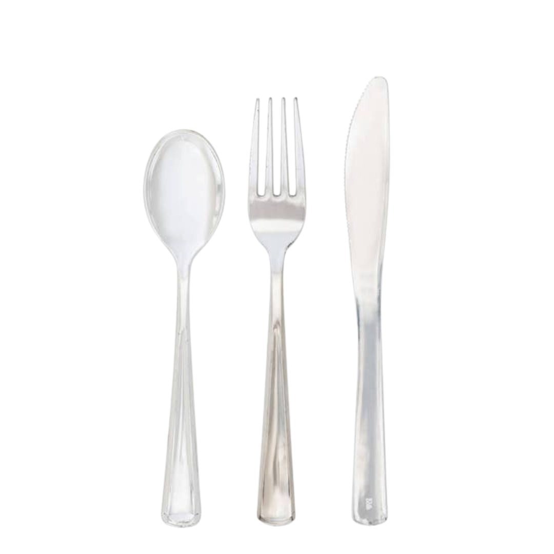 Clear plastic cutlery set with spoon fork and knife for events from Parte Haus party supply store in Bethesda MD