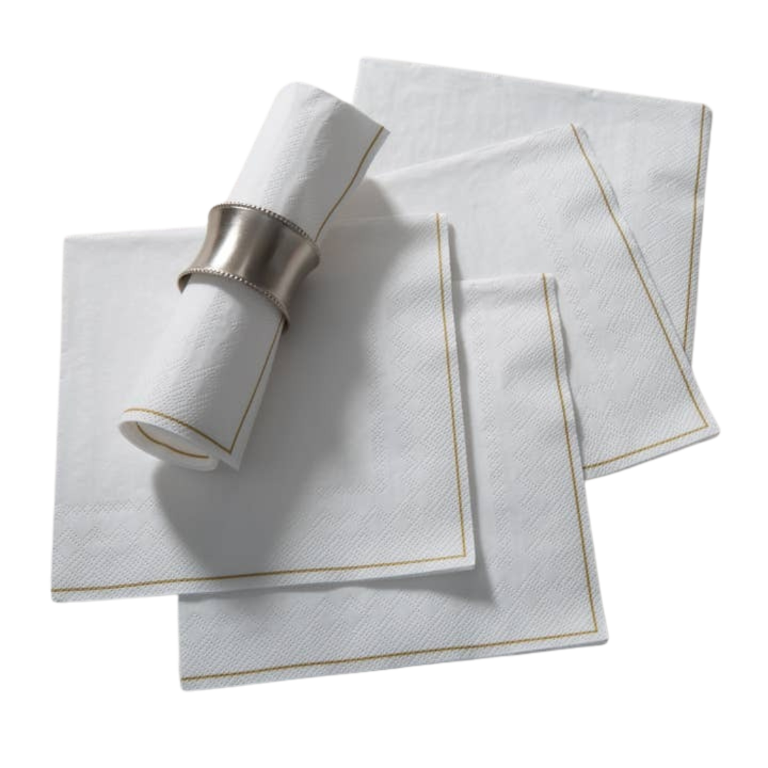 White napkins with gold trim classic design for elegant gatherings from Parte Haus party supply store in Bethesda MD.