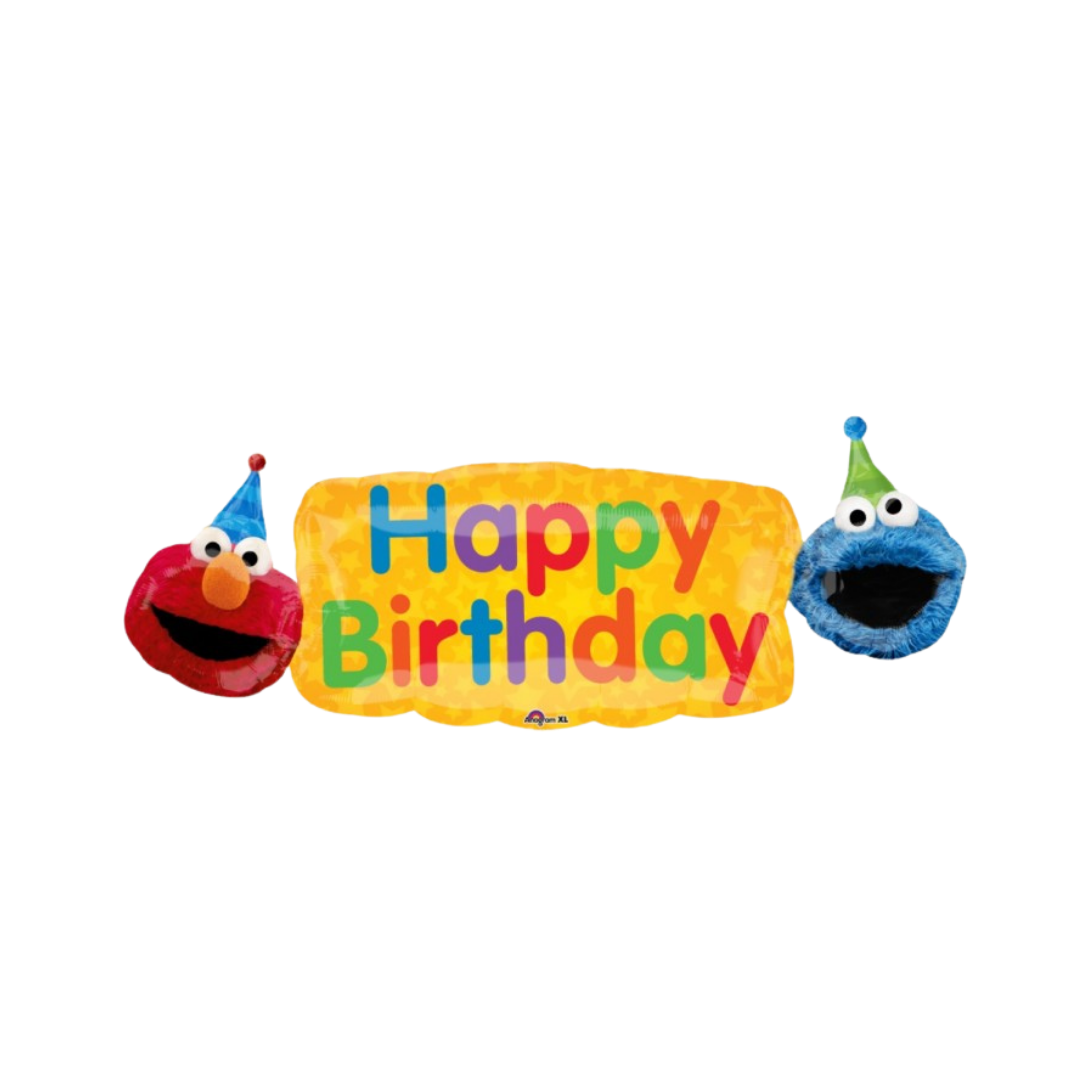 Colorful Elmo and Cookie Monster foil balloon says Happy Birthday Sesame Street theme from Parte Haus party supply store in Bethesda MD