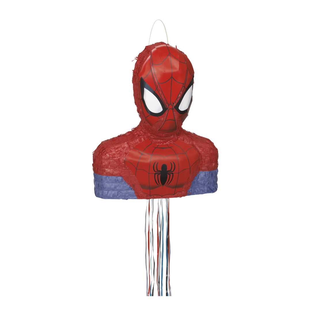 Red blue Spiderman piñata shaped like a head and torso superhero birthday theme from Parte Haus party supply store in Bethesda Maryland