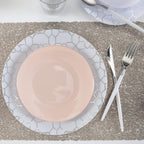 Blush pink plate with geometric silver border elegant table setting for birthday from Parte Haus party supply store in Bethesda MD