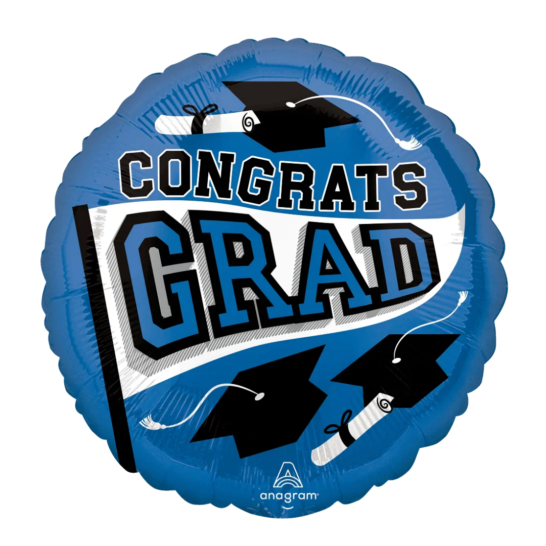 Blue graduation balloon with caps and diplomas for graduation from Parte Haus party supply store in Bethesda MD