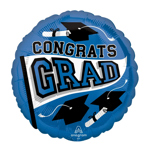 Blue graduation balloon with caps and diplomas for graduation from Parte Haus party supply store in Bethesda MD