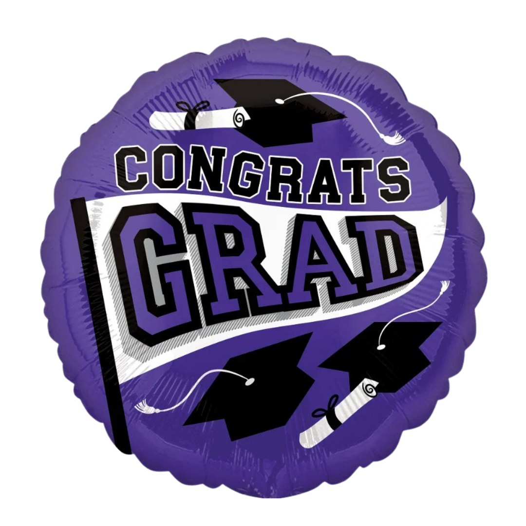 Purple graduation balloon with black caps and diplomas for graduation from Parte Haus party supply store in Bethesda MD.