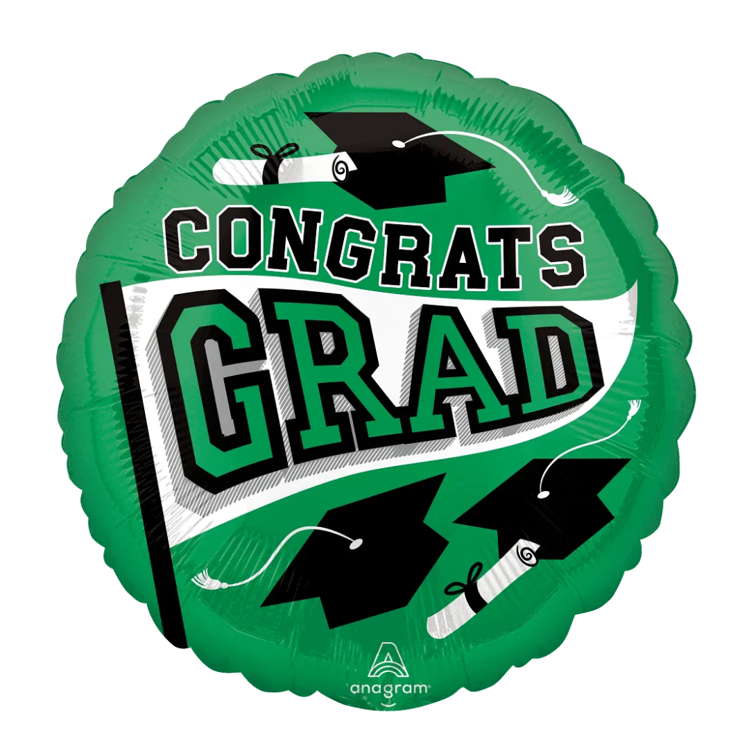 Green graduation balloon with diploma and cap for graduation from Parte Haus party supply store in Bethesda Maryland
