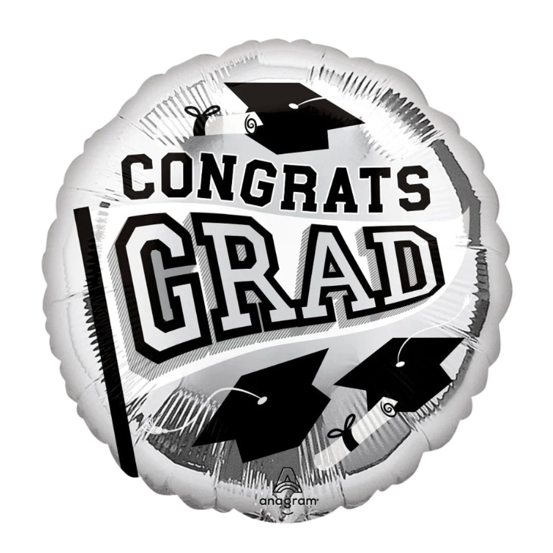 Black and silver graduation balloon with mortarboards for graduation from Parte Haus party supply store in Bethesda MD