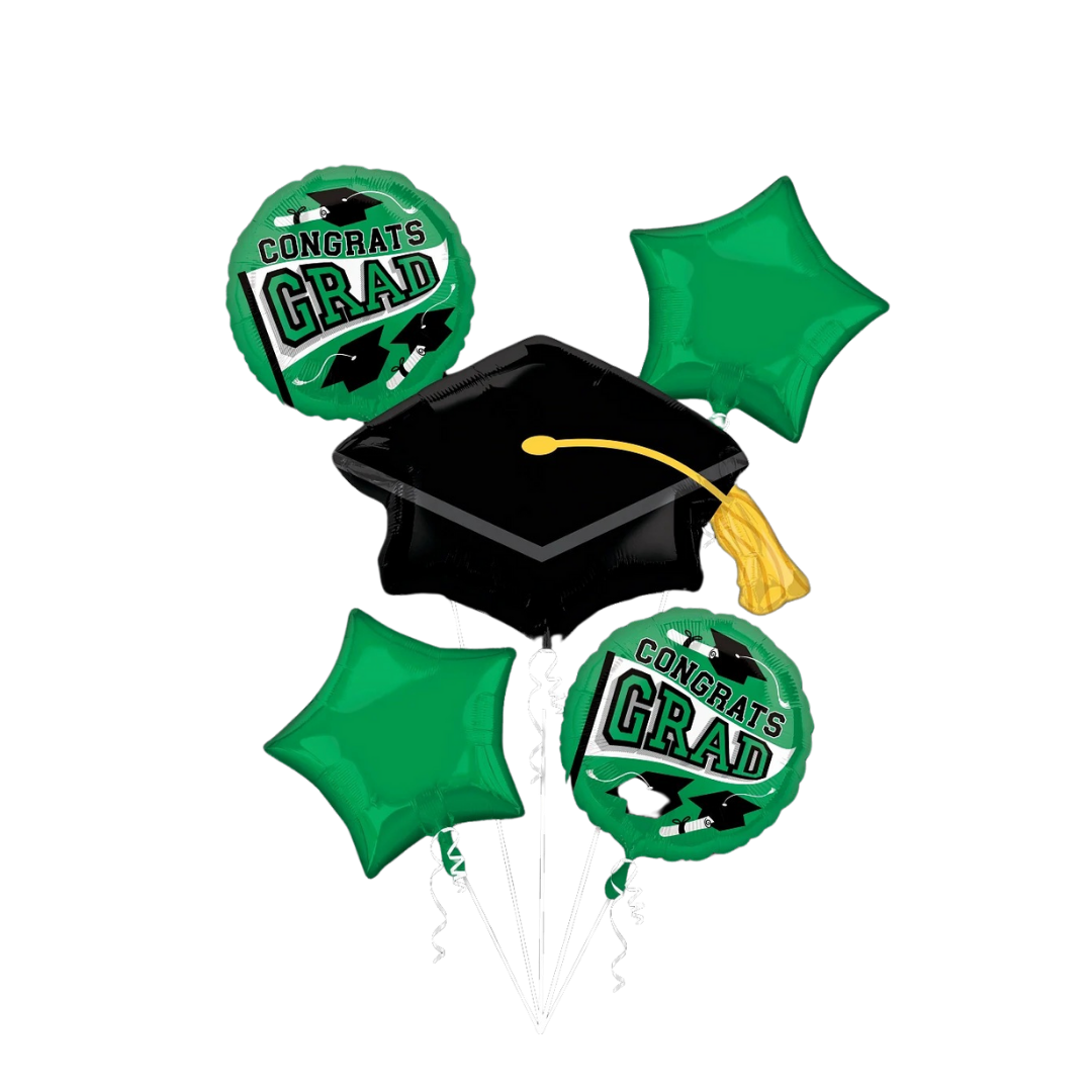 Green and black graduation balloon bouquet with diploma theme from Parte Haus party supply store in Bethesda MD