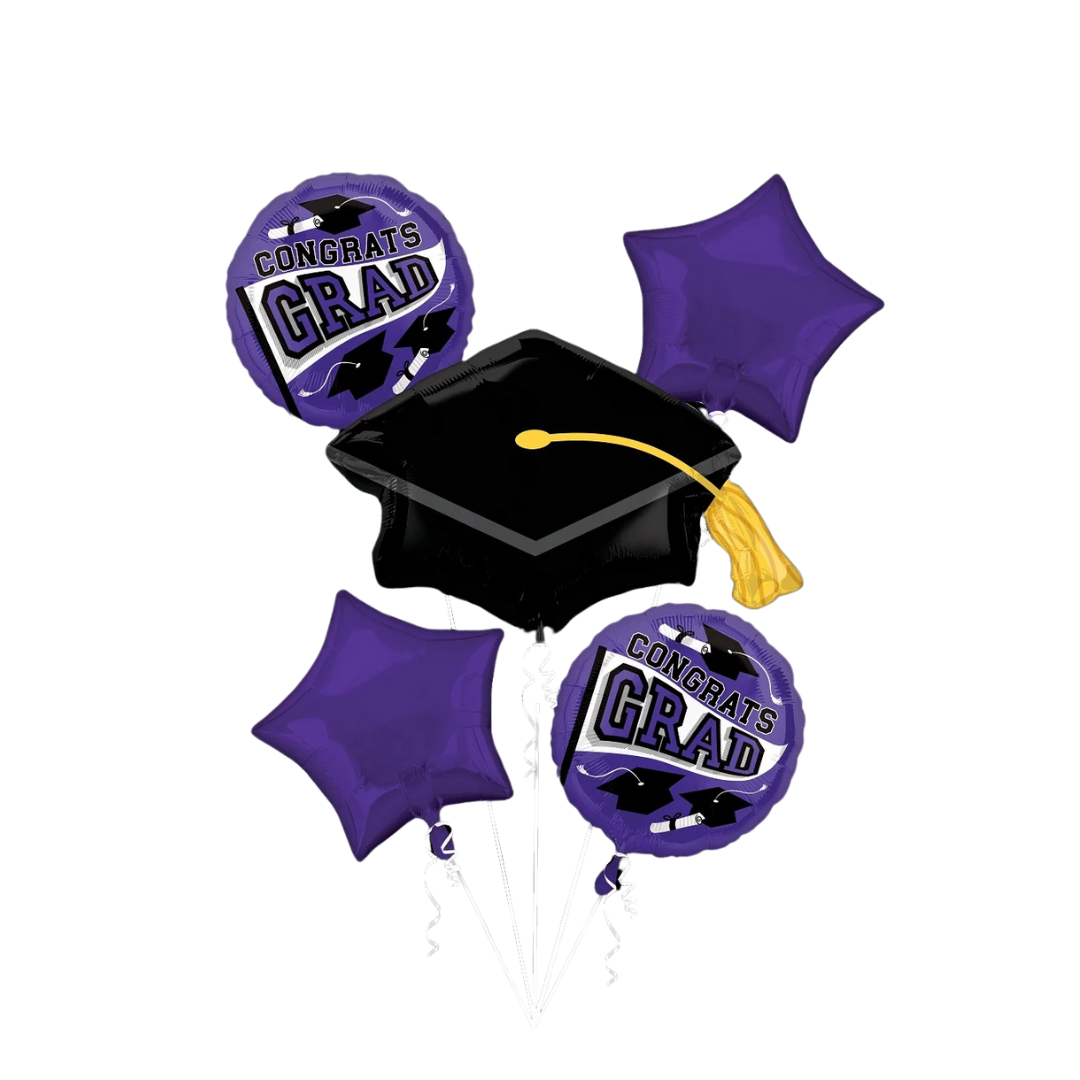 Purple and black graduation balloon bouquet with grad cap design for graduation party from Parte Haus party supply store in Bethesda Maryland