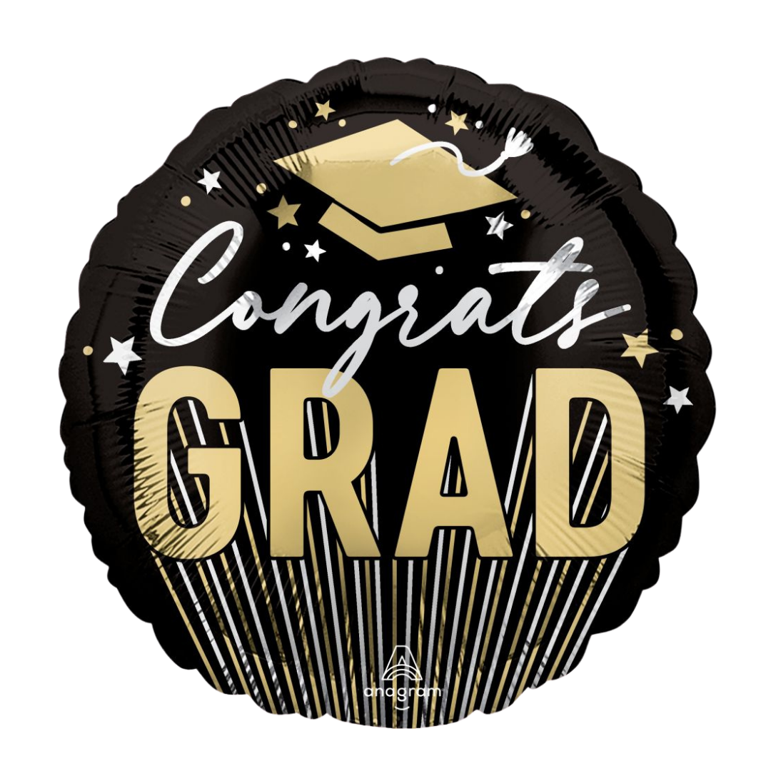 Black and gold graduation balloon with Congrats Grad and cap design for graduation from Parte Haus party supply store in Bethesda MD