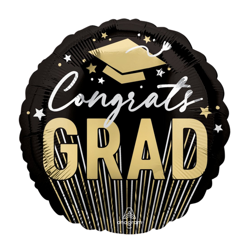 Black and gold graduation balloon with Congrats Grad and cap design for graduation from Parte Haus party supply store in Bethesda MD