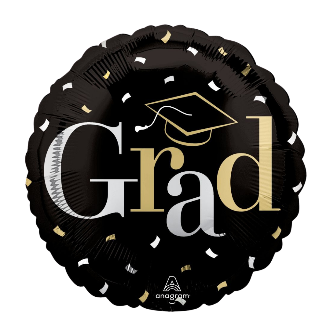 Black gold graduation balloon with confetti and cap for graduation from Parte Haus party supply store in Bethesda MD