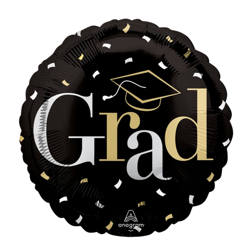Black gold graduation balloon with confetti and cap for graduation from Parte Haus party supply store in Bethesda MD