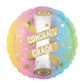 Rainbow Congrats Grad foil balloon with diploma design graduation theme from Parte Haus party supply store in Bethesda MD