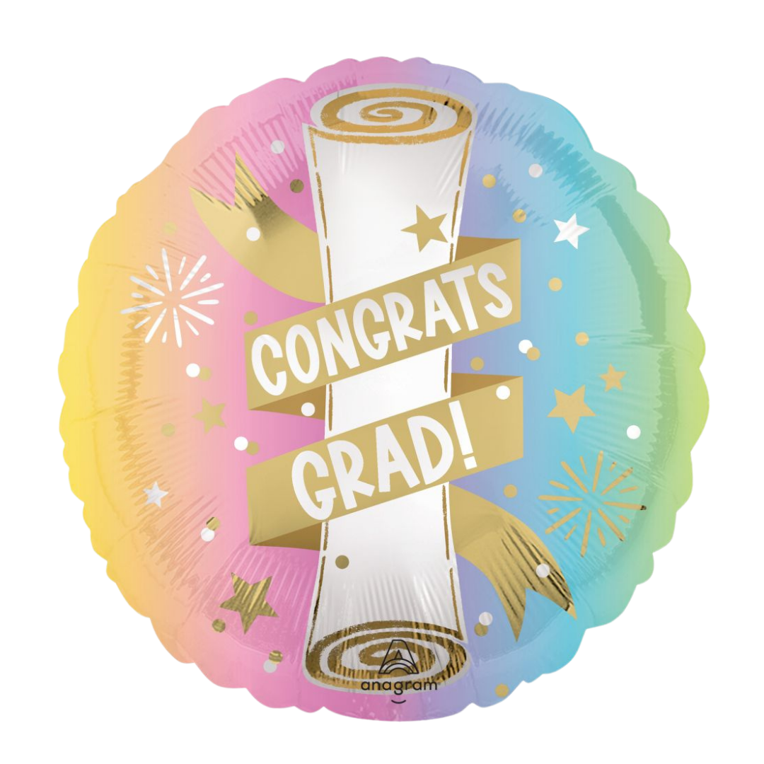 Rainbow Congrats Grad foil balloon with diploma design graduation theme from Parte Haus party supply store in Bethesda MD