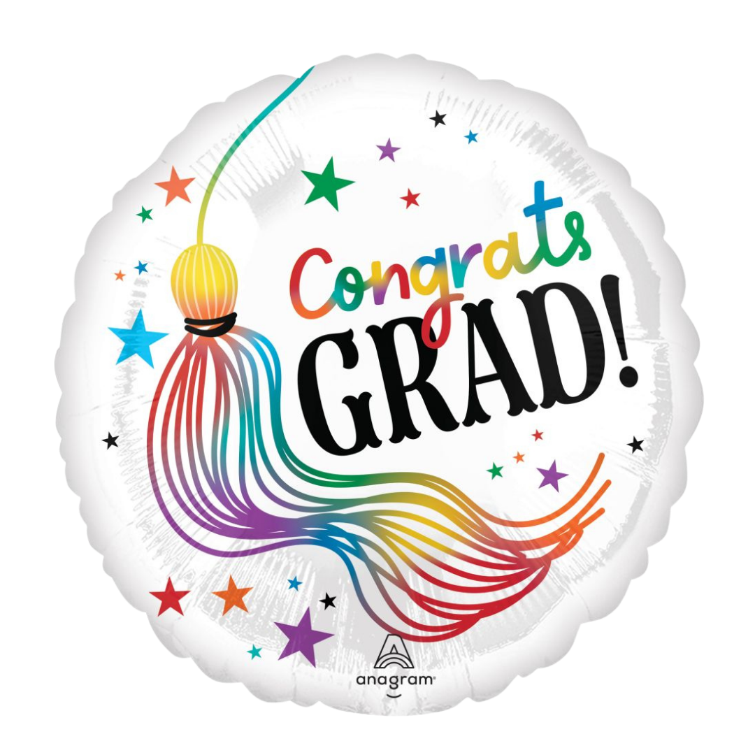 Rainbow graduation balloon with Congrats Grad text stars and tassel from Parte Haus party supply store in Bethesda Maryland