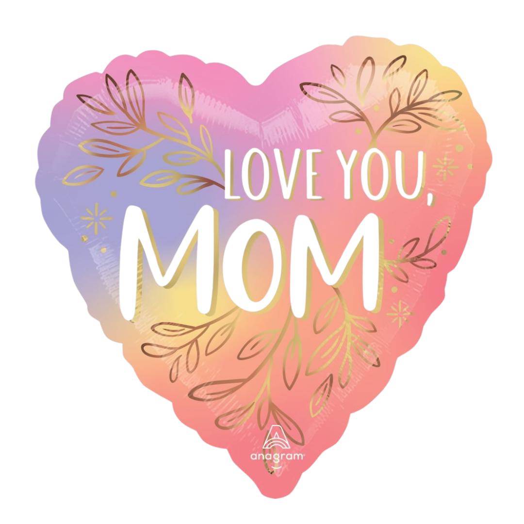 Rainbow heart balloon with gold leaves and Love You Mom text for Mother’s Day from Parte Haus party supply store in Bethesda MD