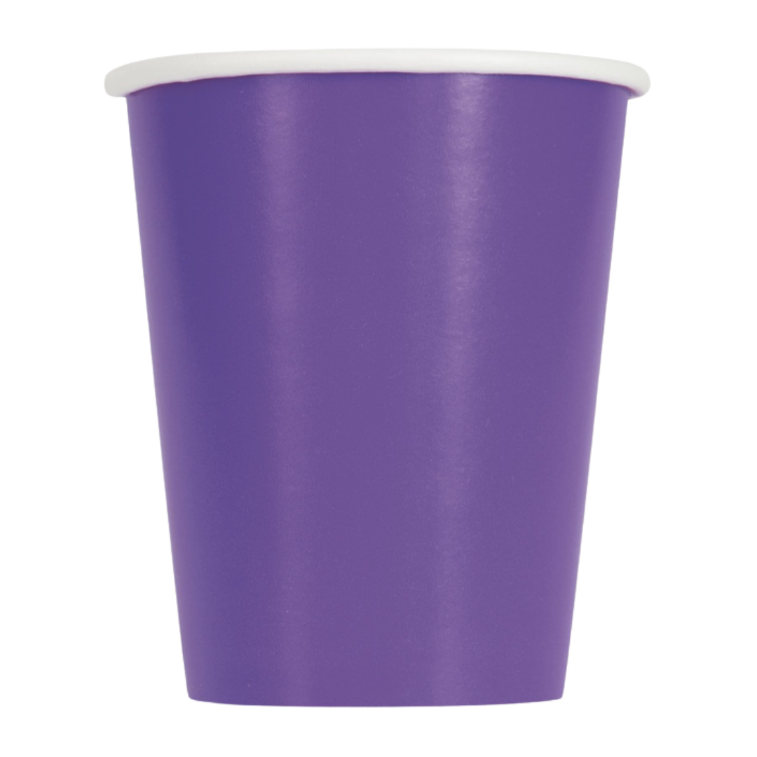 Purple paper cup with white rim for birthday from Parte Haus party supply store in Bethesda Maryland