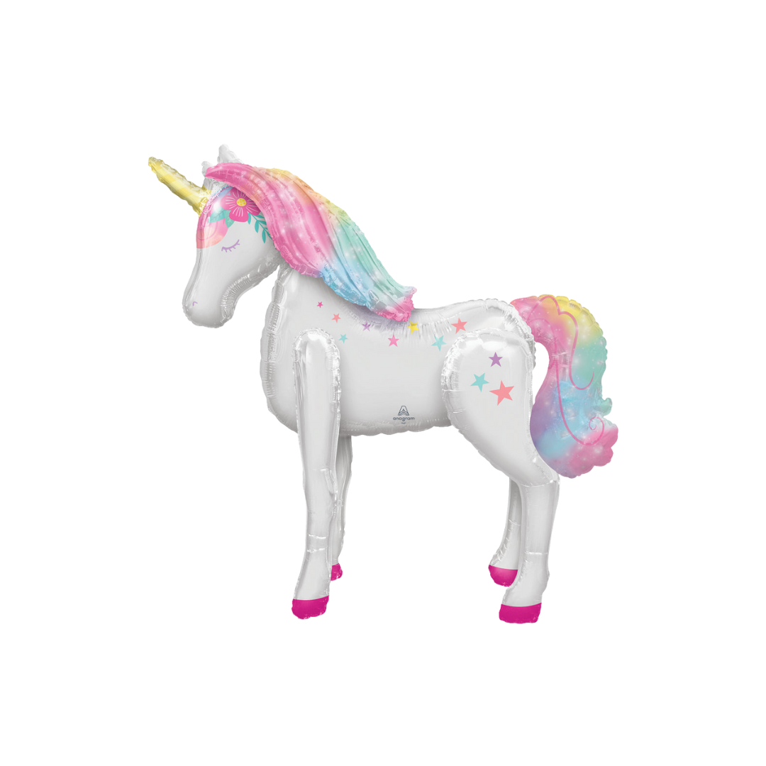 White rainbow unicorn foil balloon with pink and yellow mane birthday theme from Parte Haus party supply store in Bethesda MD
