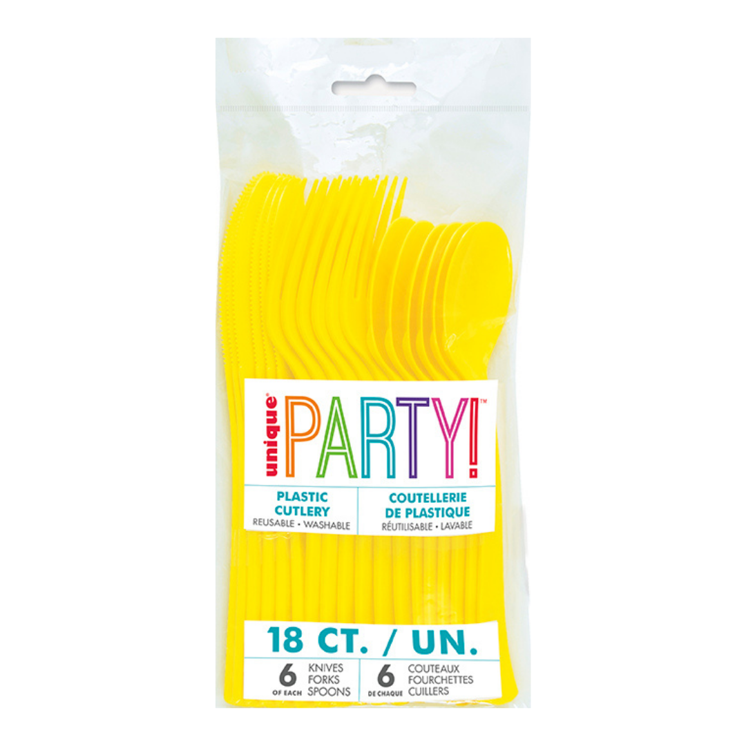 Neon Yellow Solid Plastic Assorted Cutlery - 18 pcs