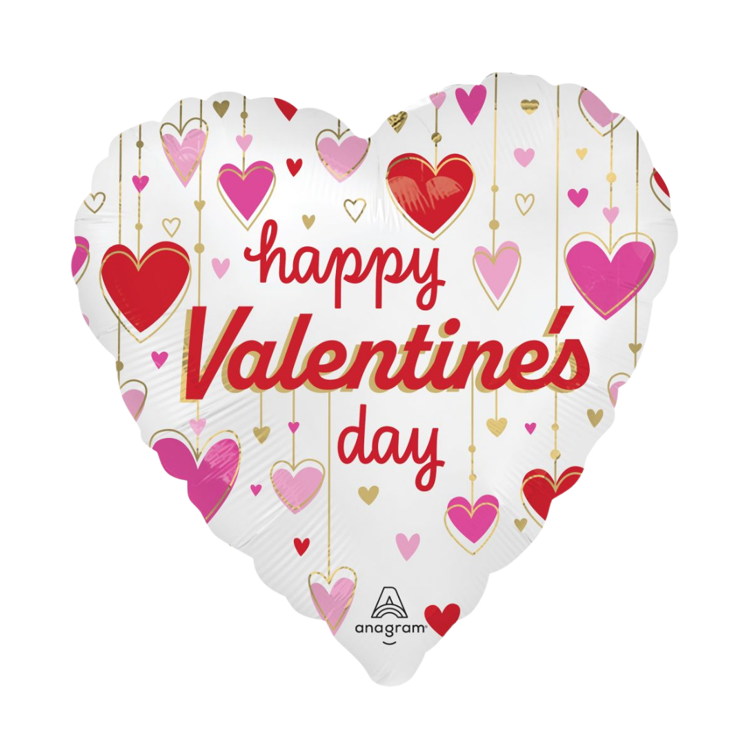 White with Pink Satin Dangling Hearts Valentine Foil Balloon, 18in