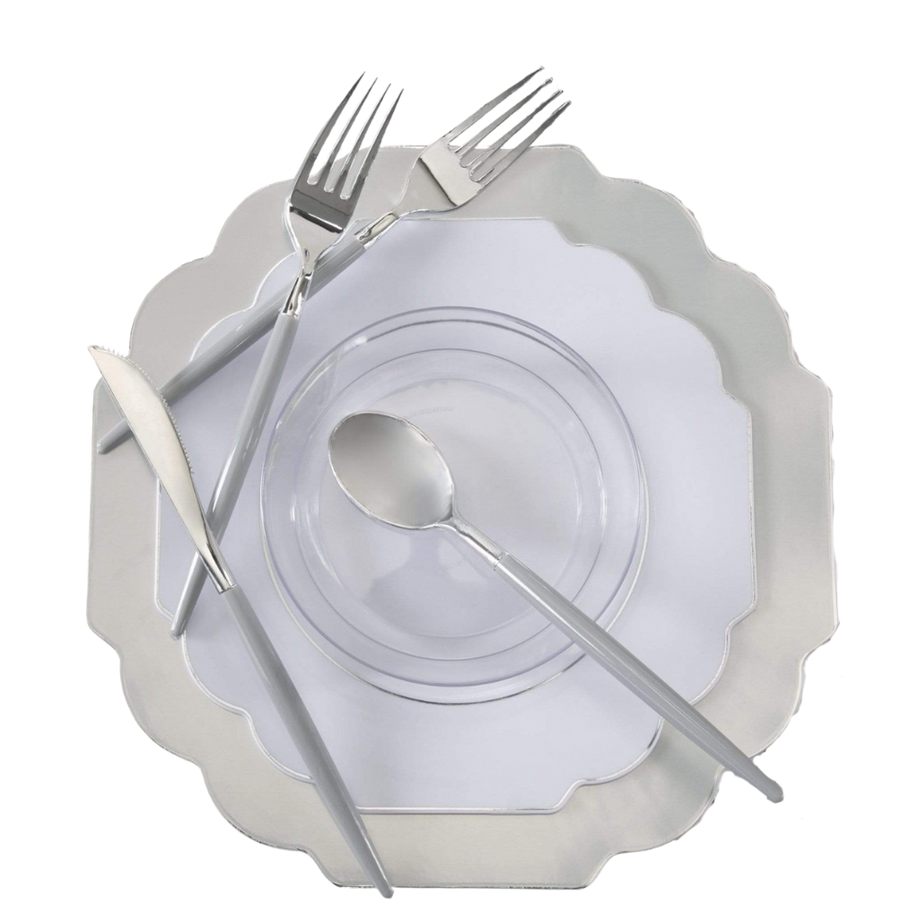 Silver elegant plastic dinnerware set with cutlery for formal events from Parte Haus party supply store in Bethesda Maryland