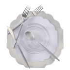 Silver elegant plastic dinnerware set with cutlery for formal events from Parte Haus party supply store in Bethesda Maryland