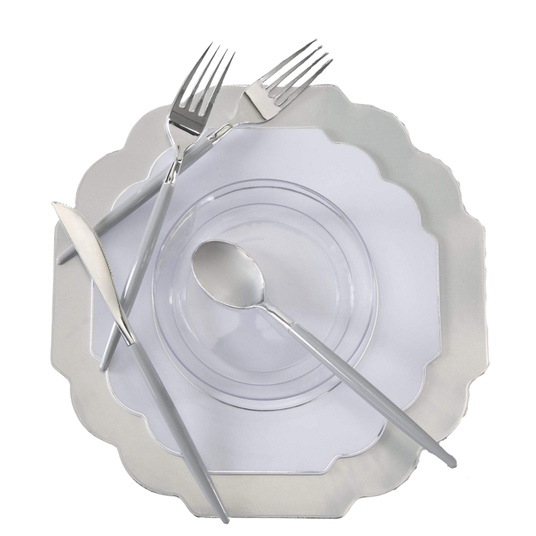 Silver elegant plastic dinnerware set with cutlery for formal events from Parte Haus party supply store in Bethesda Maryland