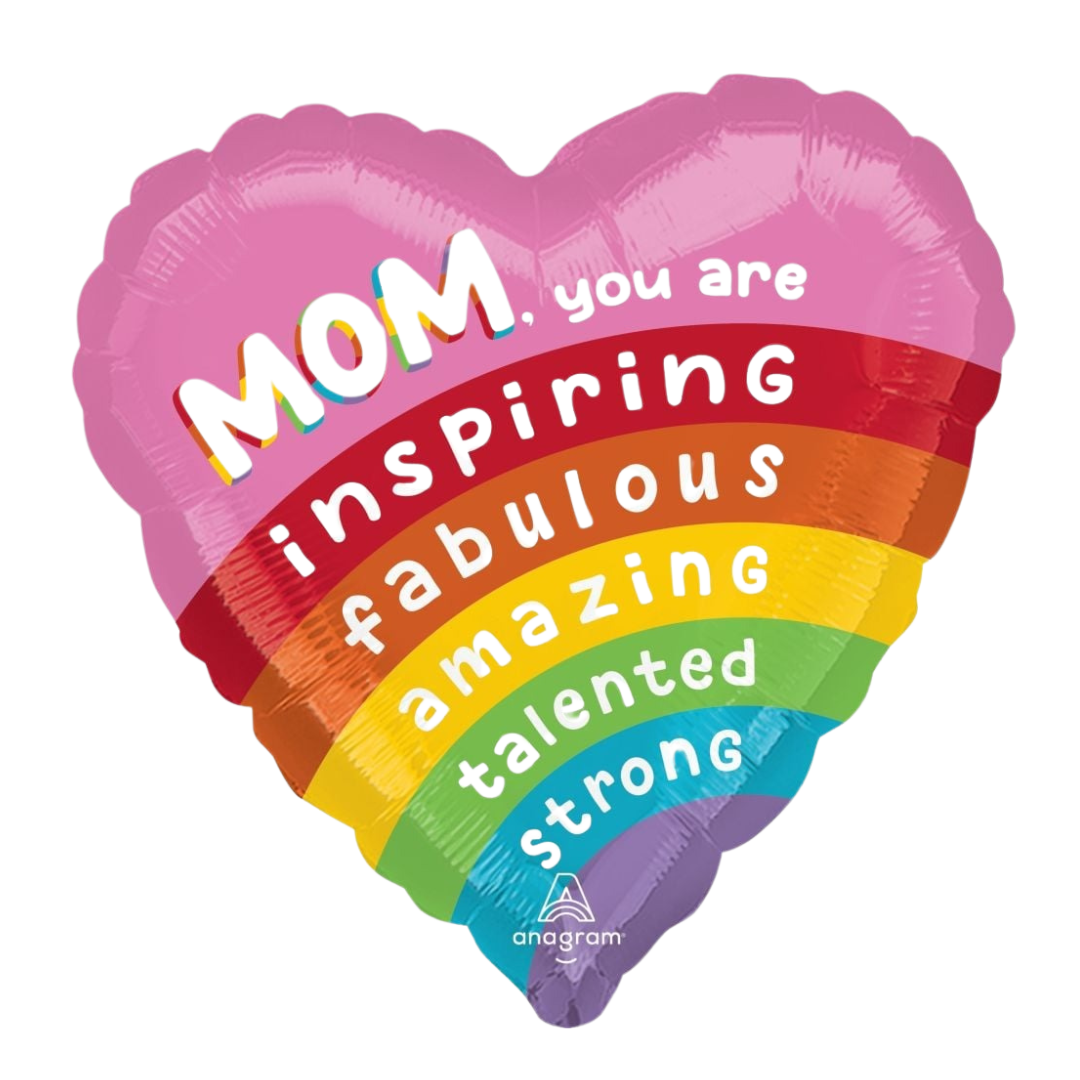 Pink rainbow heart balloon with mom inspiring text for Mother's Day from Parte Haus party supply store in Bethesda MD