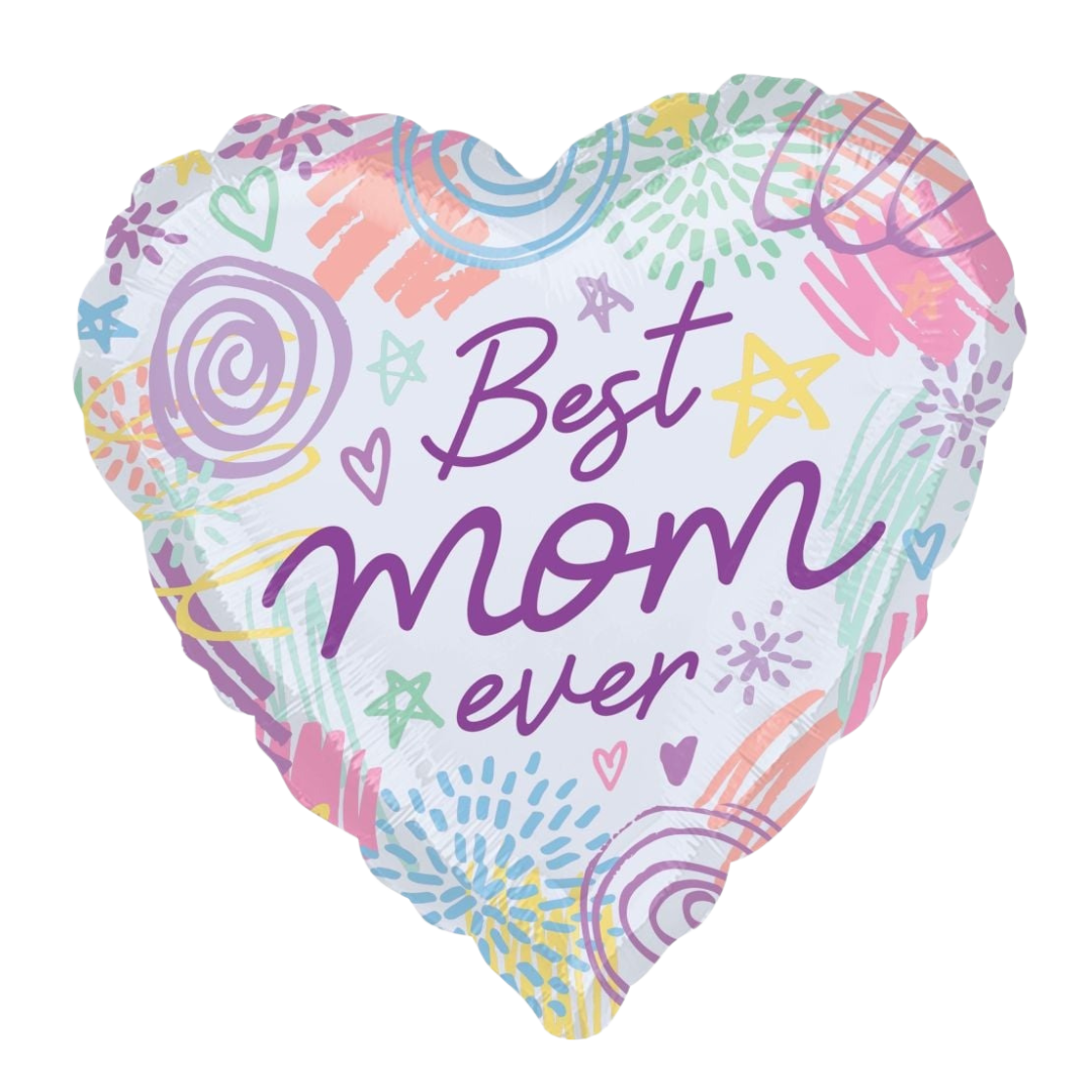 Multicolor heart shaped balloon with Best Mom Ever text for Mother's Day from Parte Haus party supply store in Bethesda Maryland