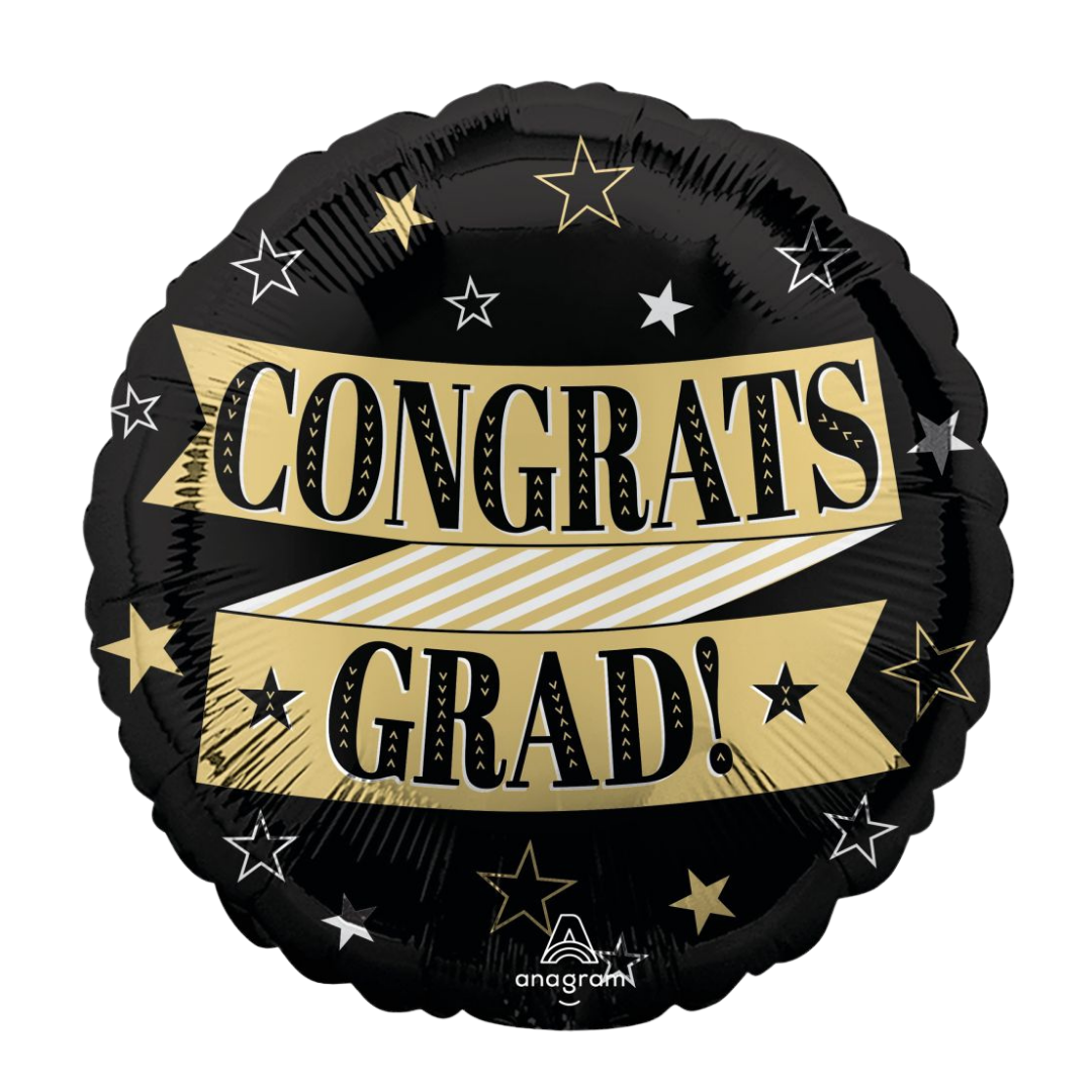 Black and gold graduation balloon with stars for graduation from Parte Haus party supply store in Bethesda Maryland