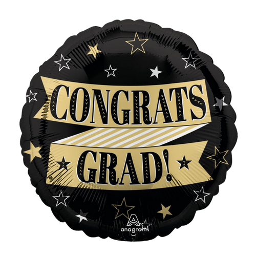 Black and gold graduation balloon with stars for graduation from Parte Haus party supply store in Bethesda Maryland