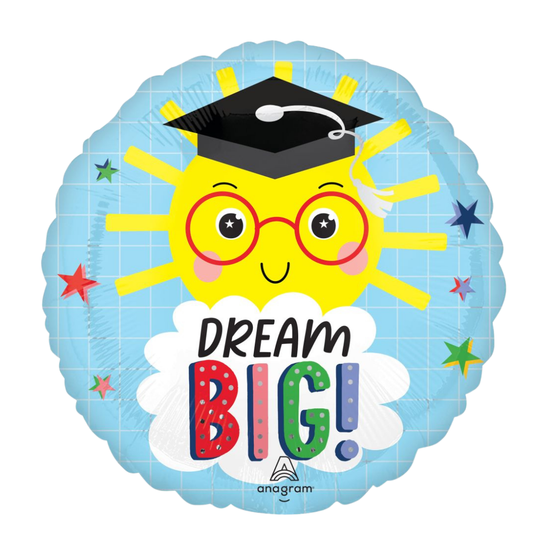 Blue graduation balloon with sun and cap for graduation from Parte Haus party supply store in Bethesda MD