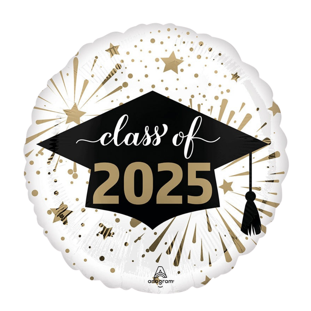Gold and black graduation balloon with Class of 2025 text graduation theme from Parte Haus party supply store in Bethesda MD