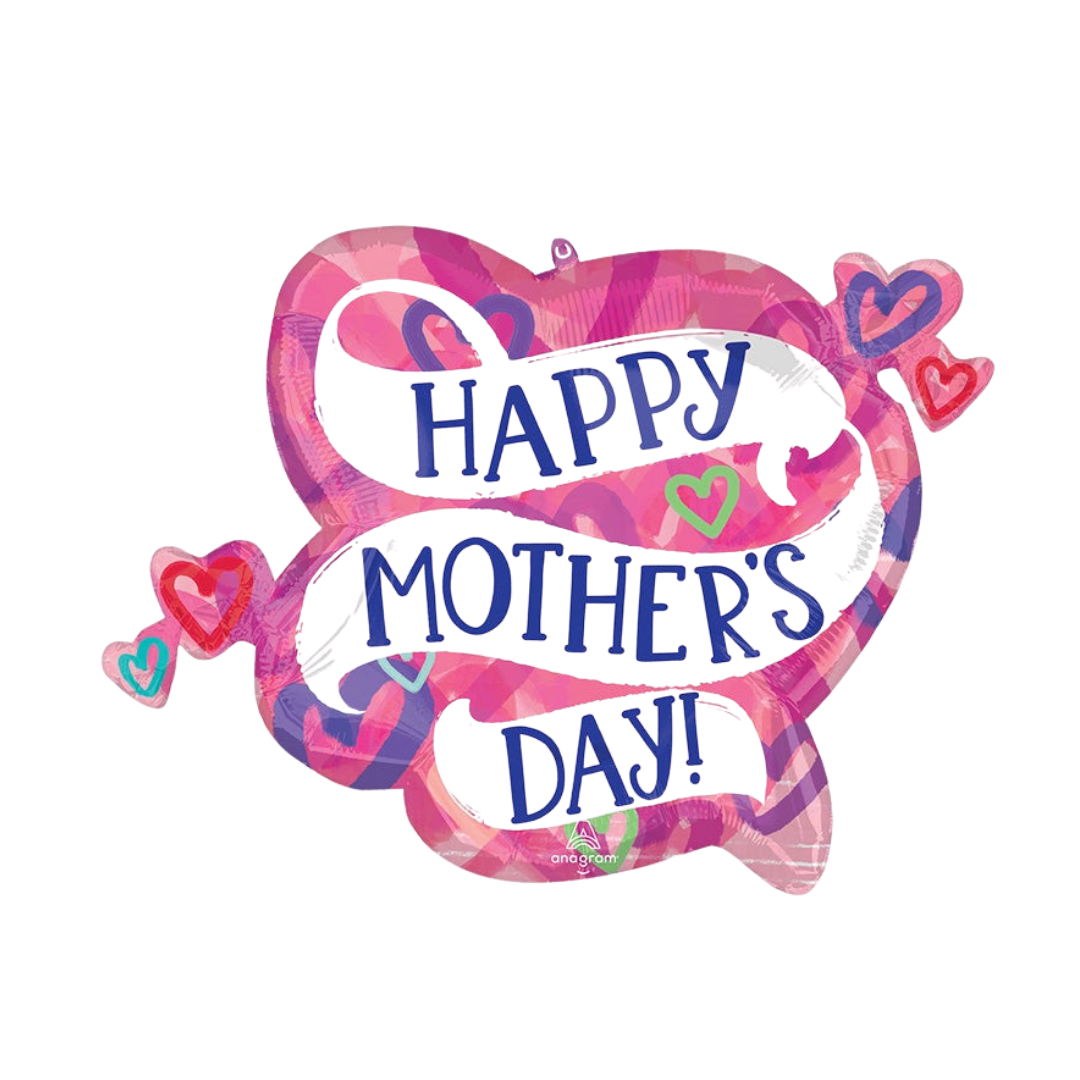 Pink heart shaped Happy Mother's Day balloon with colorful hearts Mother's Day from Parte Haus party supply store in Bethesda MD