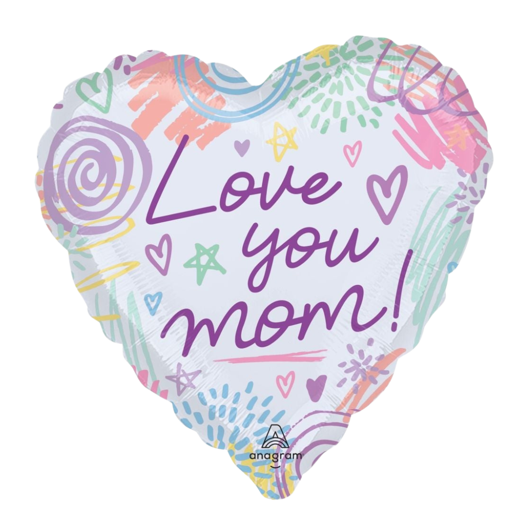 Pastel heart balloon with Love you mom and doodle designs for Mother's Day from Parte Haus party supply store in Bethesda MD.